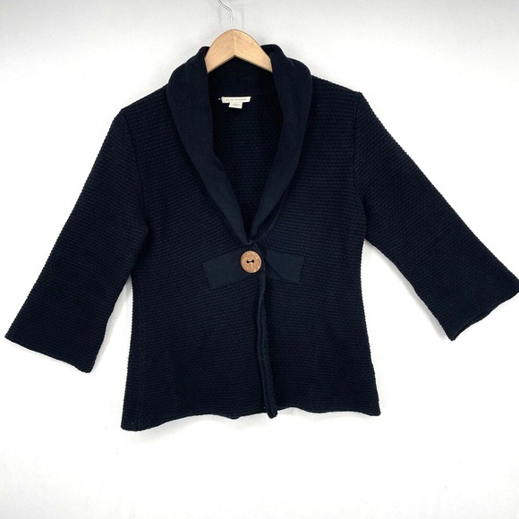 White + Warren Black Cotton‎ Knit Quarter Sleeve Cardigan Jacket Size L Button - Picture 1 of 11